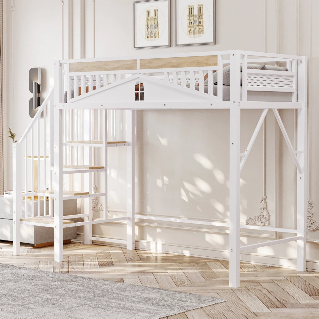 Letto a soppalco 90x200 cm in metallo e legno; con scala laterale; bianco