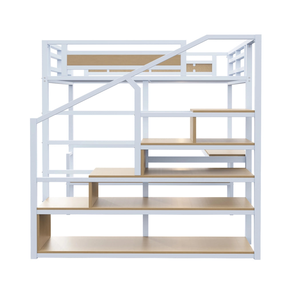 Letto a soppalco 140x200 cm in metallo con scala contenitore; ripiani e tavolo; bianco