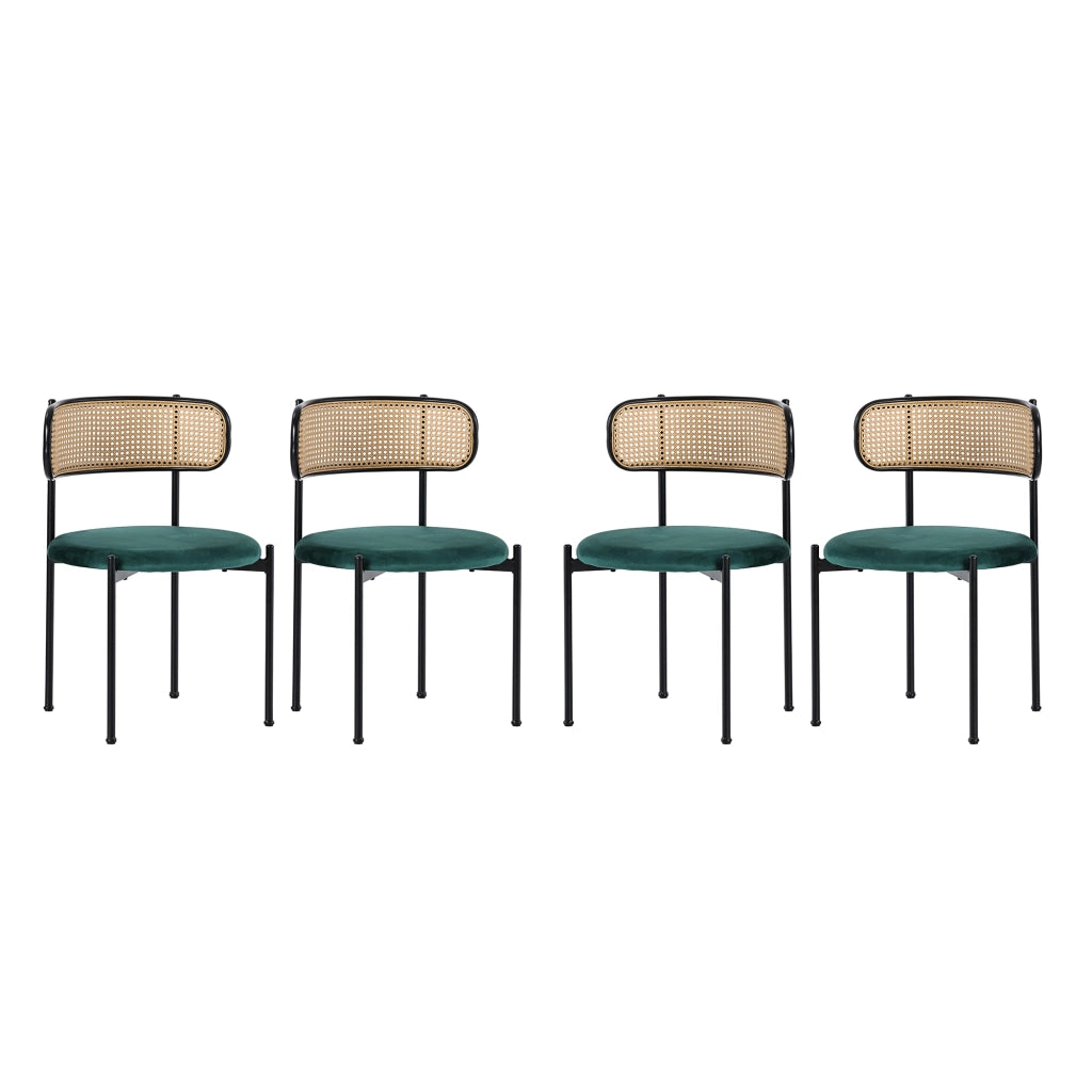 Sedia da pranzo set 4 pezzi in velluto con schienale in rattan e gambe in metallo verde
