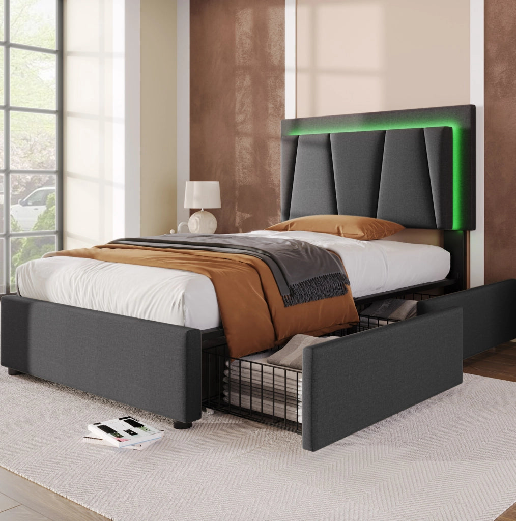 Letto singolo imbottito 90x200 cm con LED e 2 cassetti grigio