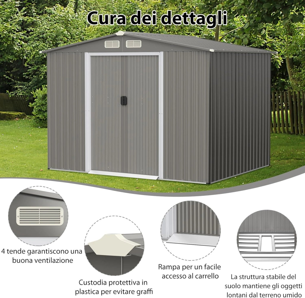 Casetta da Giardino 4,74㎡, Capanno da Esterno in Lamiera Acciaio Zincato Resistente alle Intemperie con 4 Feritoie, Doppie Porte e Rampa, 260 x 207 x 181 cm (Grigio chiaro)