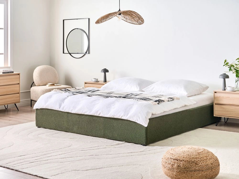 Letto matrimoniale con contenitore in tessuto bouclè verde sporco 180 x 200 cm stile moderno