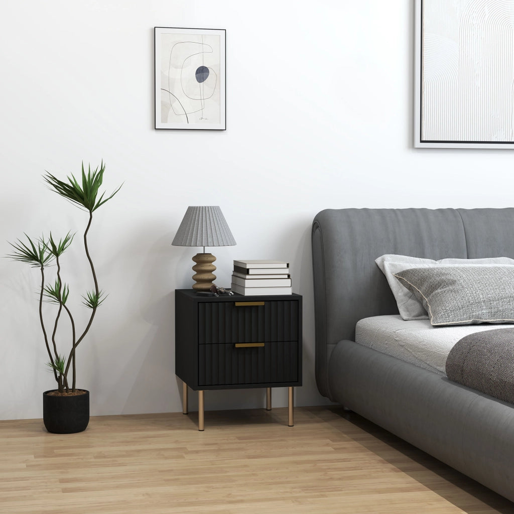 Comodino con 2 cassetti ¨C Xylo ¨C nero, piedi in acciaio, design moderno