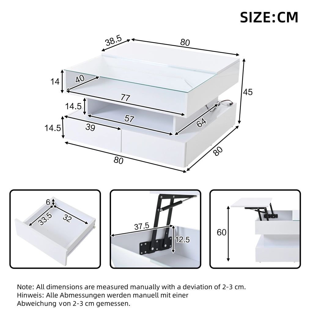 Tavolino da caffè 80x80x45 cm; sollevabile con LED e 2 cassetti; pannello truciolare e vetro temperato bianco