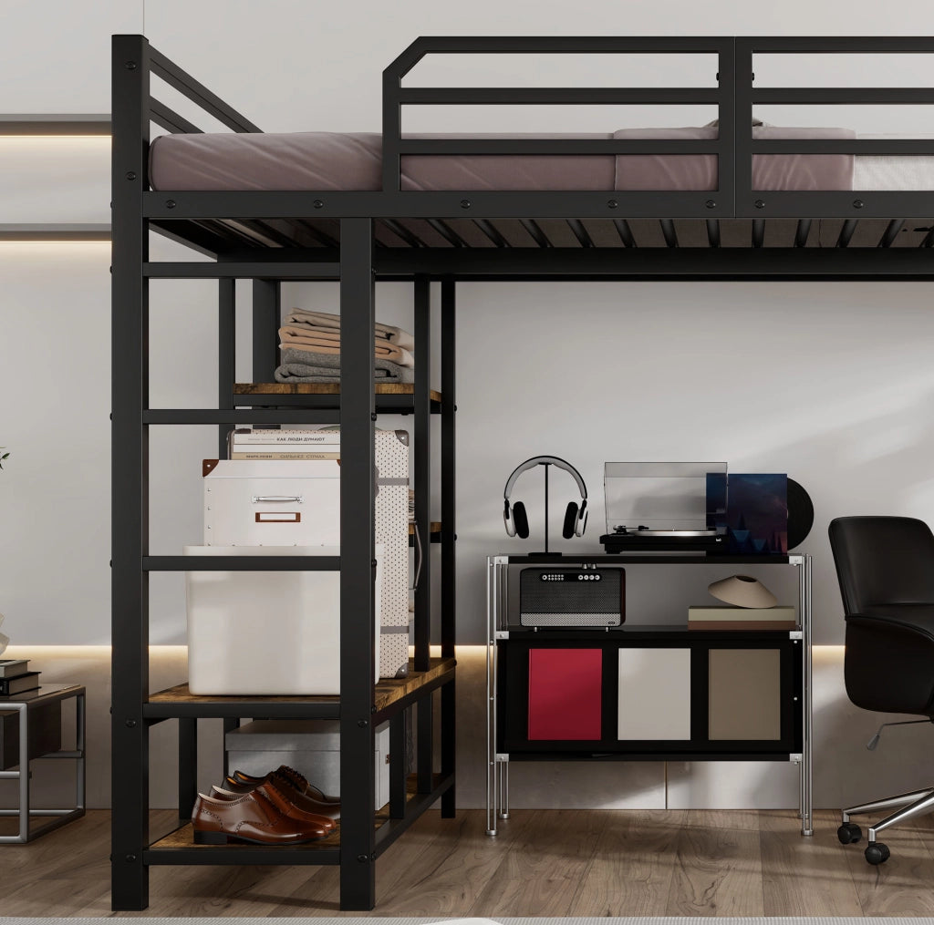 Letto a soppalco 120x200 cm con scrivania e ripiano; metallo e legno; nero e noce scuro