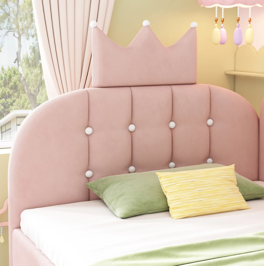 Letto daybed a L con testiera a corona 90x190 cm in velluto rosa con contenitore