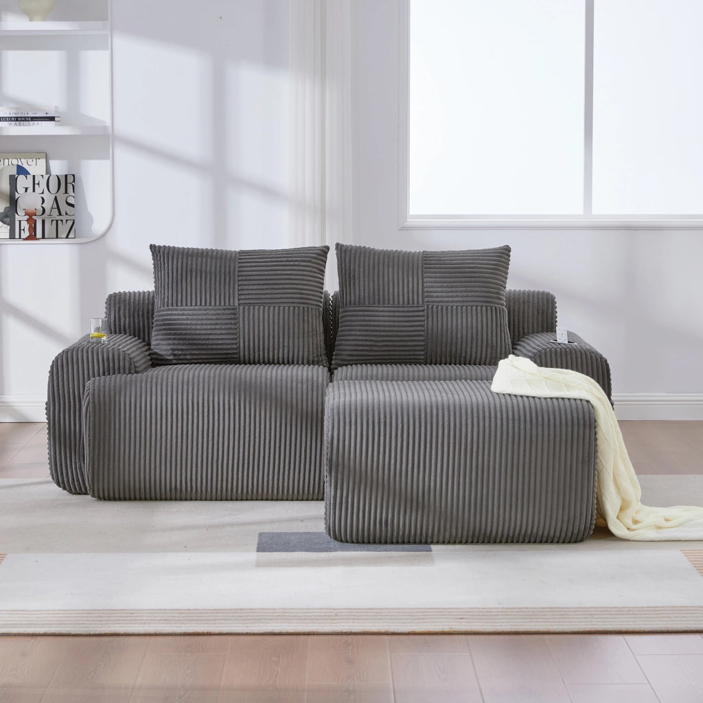 Divano modulare 2 posti in tessuto a coste con portabicchieri e tasca laterale grigio scuro 200 × 174 × 80 cm