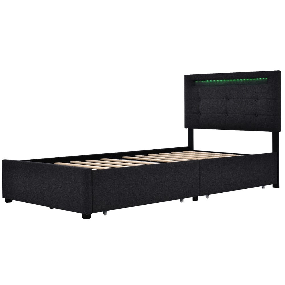 Letto Singolo Imbottito con LED e Cassetti ¨C MINIMAL ¨C Nero 90x200, Testiera Regolabile, Doghe in Legno