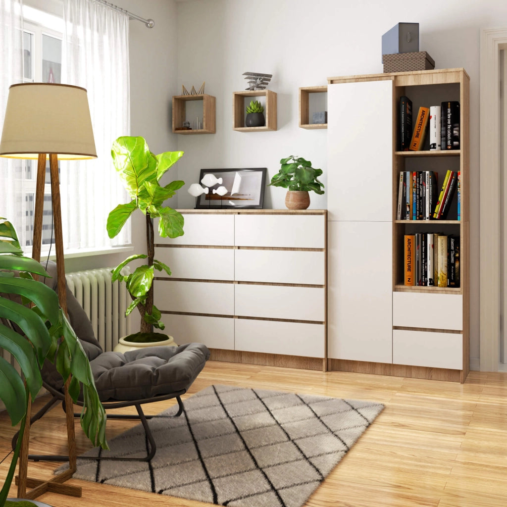 Libreria AKORD R11 Sonoma Quercia, Bianco 80 cm 2 ante 2 cassetti 80x35x180 cm
