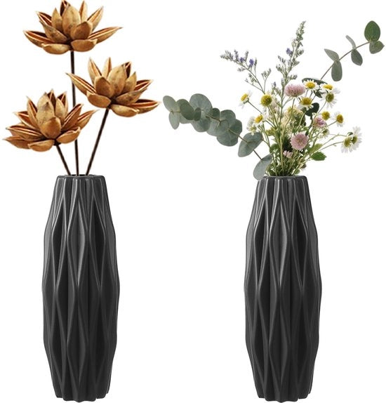 Pacchetto con 2 vasi in plastica, vasi da fiori in imitazione ceramica, moderno per la decorazione di tavolo, vaso da fiori per interni, camere da letto, salotti, balconi, decorazione di tavolo, matrimoni (nero).