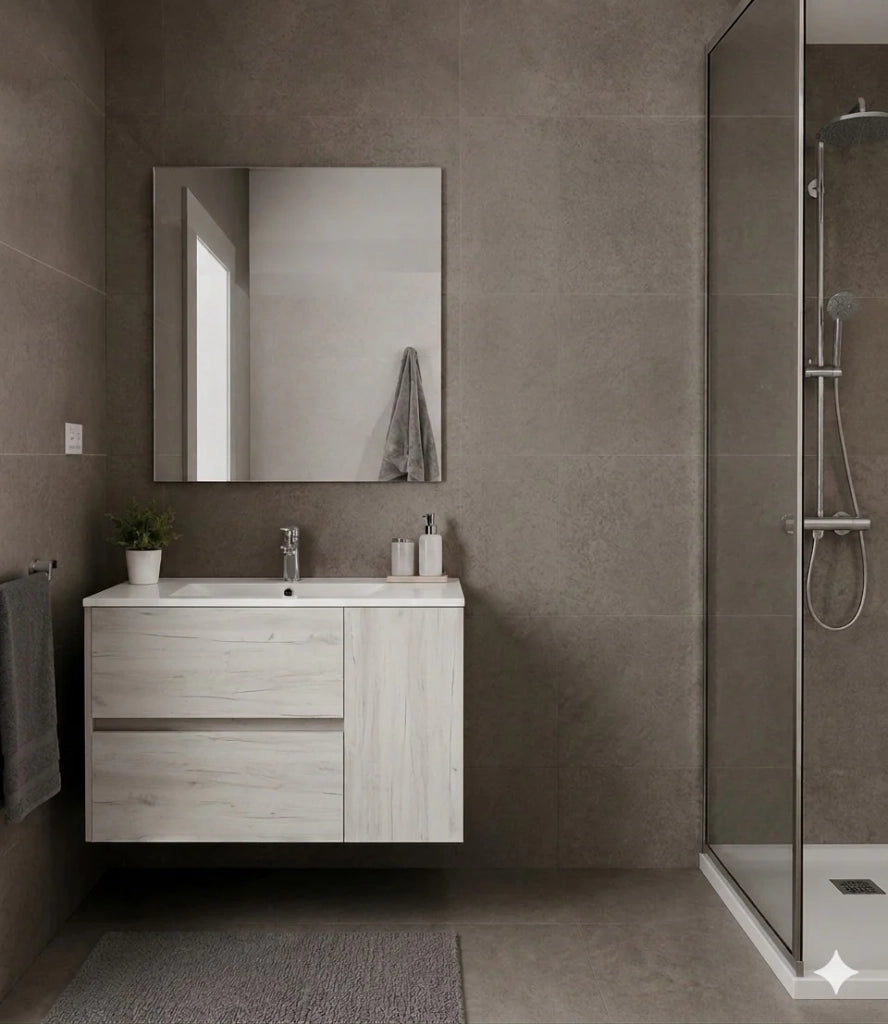 Mobile Bagno HEIMDALL Già Montato 2 cassetti e porta, lavabo e specchio Bianco nordico 70x45 cm
