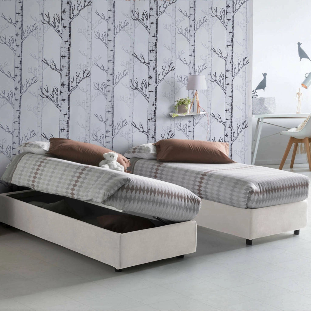 Letto singolo Andros, Letto contenitore con rivestimento in ecopelle, Made in Italy, Apertura laterale, adatto per materasso cm 80x190, Bianco