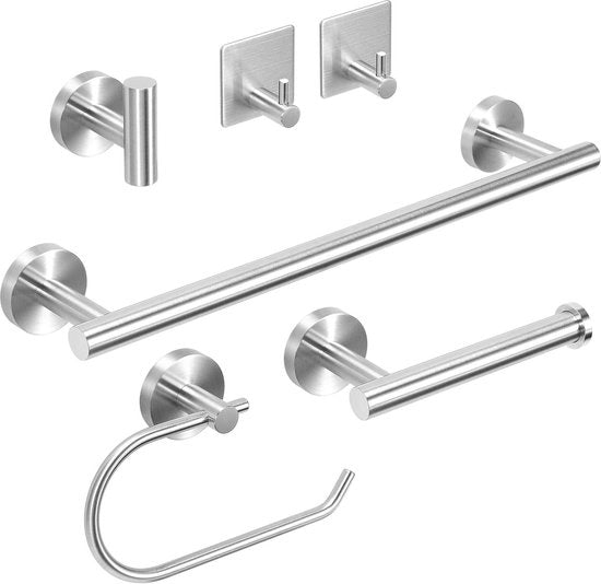 Set di asciugamani per bagno in acciaio inossidabile - 6 pezzi, montaggio a parete, 40 cm, set di accessori per bagno composto da 40 cm asciugamani per bagno + 2 contenitori per carta igienica + 3 ganci per asciugamani