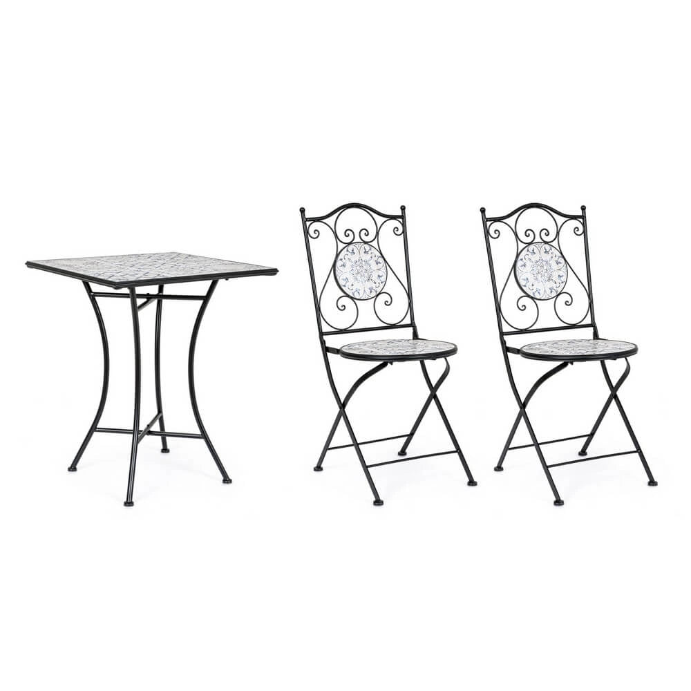 Set da 3 pezzi tavolo quadrato e sedie pieghevoli in acciaio con ceramica da esterno - BYZANTINE