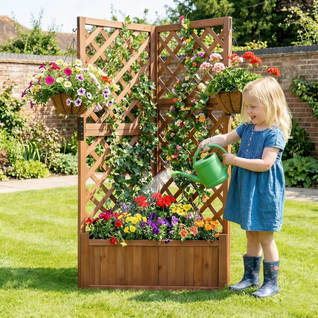Letto da Giardino Rialzato ad Angolo con Traliccio e Fori di Drenaggio, Fioriera in Legno Elevata per Piante Rampicanti, Fiori e Verdure, Ideale per Interno ed Esterno (Marrone)