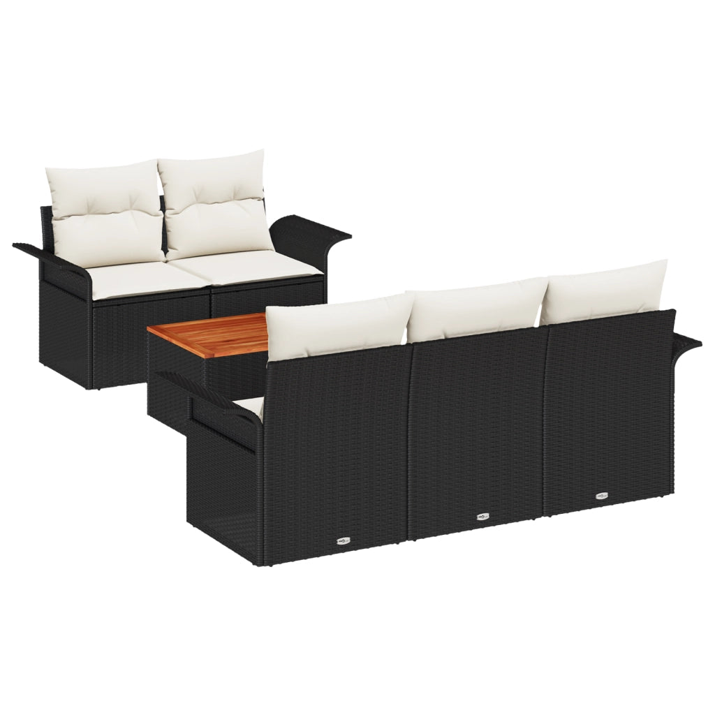 Set di divani da giardino  6 pezzi con cuscini neri in polirattan e acacia