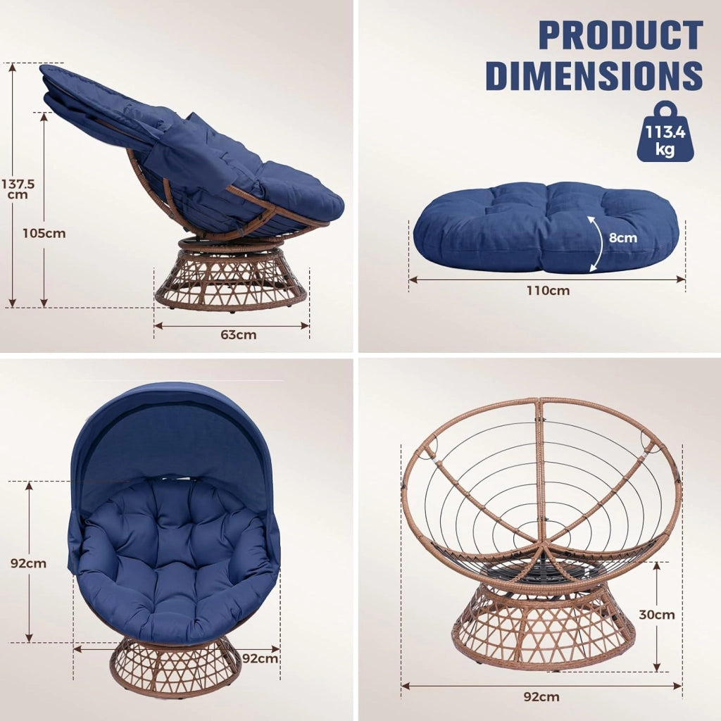 Poltrona da papasan, comoda poltrona girevole con cuscino rotondo, comoda poltrona in rattan, girevole, in vimini, per soggiorno, angolo lettura, lounge – blu
