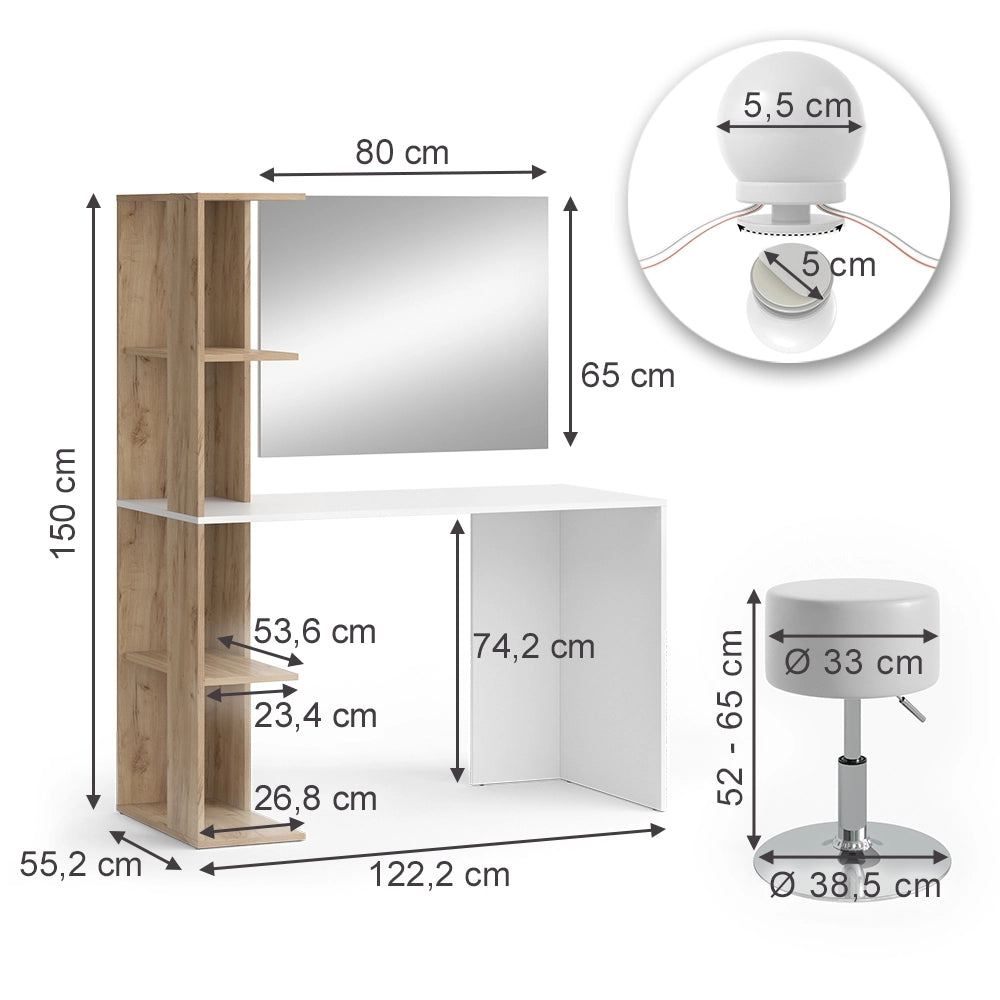 Vicco Tavolo da toilette Bianco/Sonoma 122.2 cm con illuminazione e sgabello