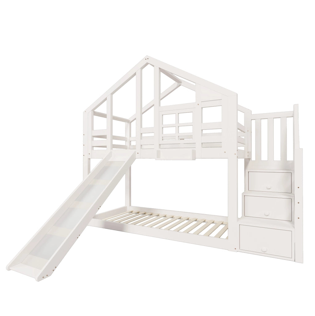 Letto a casetta per bambini 90x200 cm con scivolo e contenitore laterale, bianco