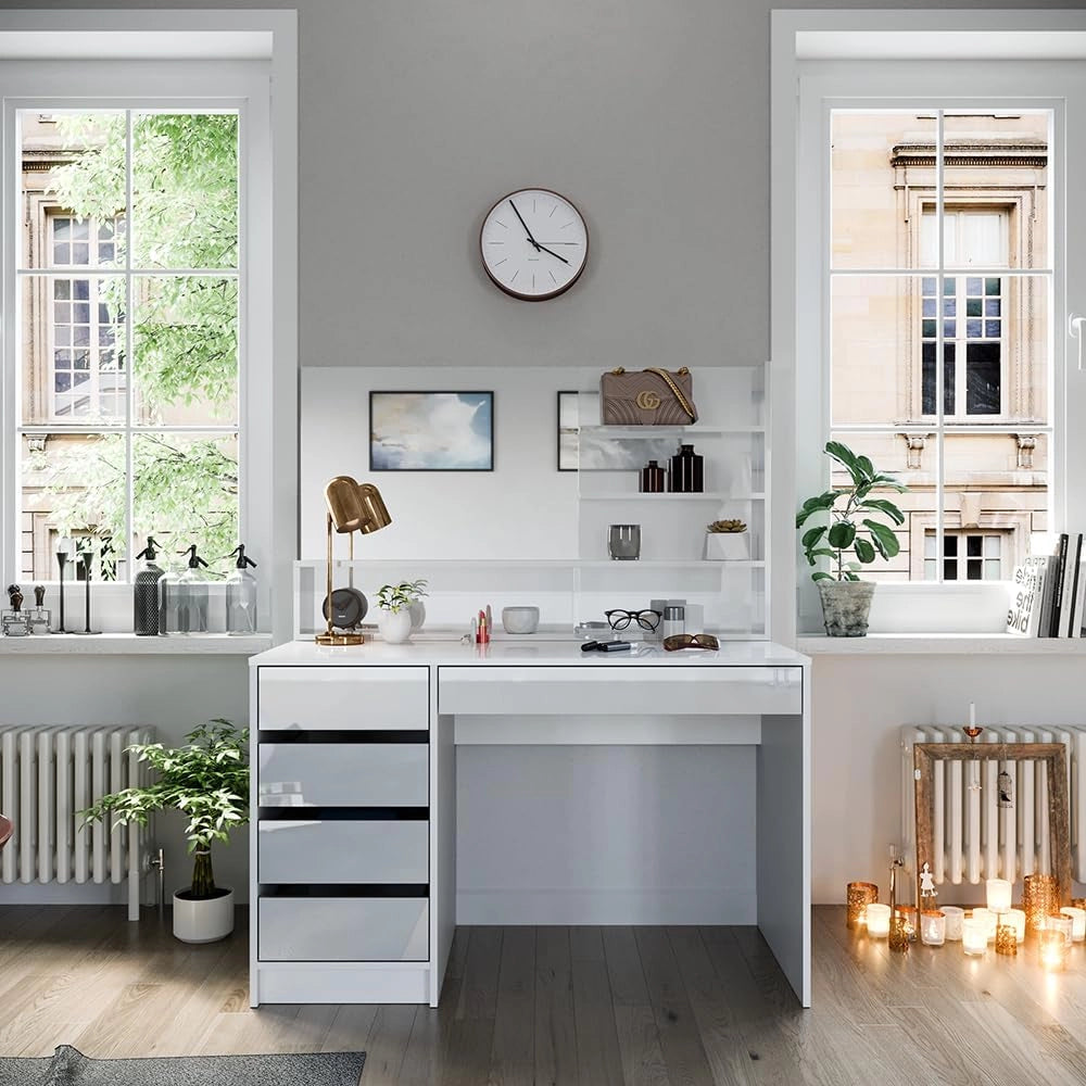 Tavolo da toeletta Sherry, Bianco, 120 cm con illuminazione a LED e ripiano a specchio, per l'organizzazione di cosmetici e accessori