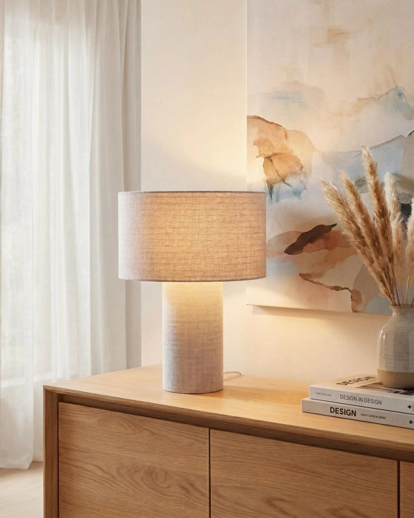 Lampada da tavolo da comodino Grigio Base in cotone e lino Tessuto Paralume a tamburo 30 cm Stile moderno Soggiorno Camera da letto