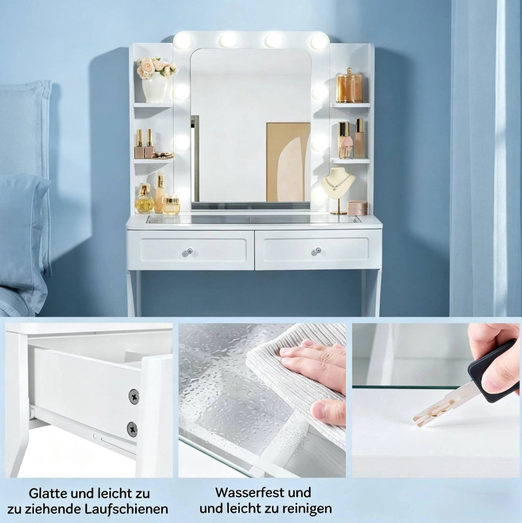 Tavolo da trucco con specchio LED e piano in vetro