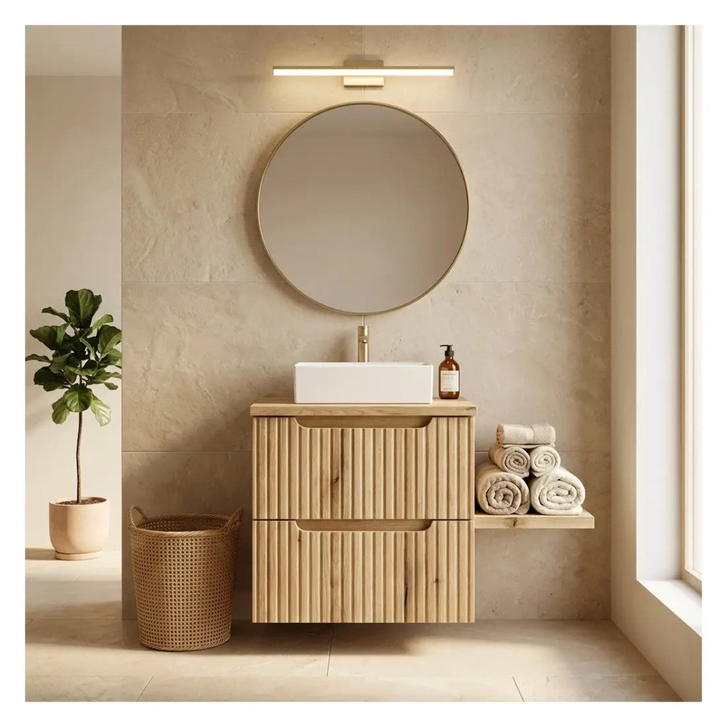 Set da bagno VANO in rovere chiaro 50cm: mobile sottolavabo con cassetti + piano per lavabo + lavabo rettangolare da appoggio