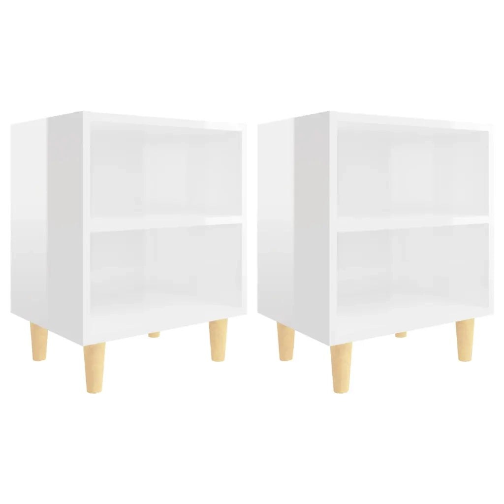 Set di 2 Comodini | Armadio da Notte | Mobiletto da notte Gambe in Legno Massello Bianco Lucido 40x30x50 cm