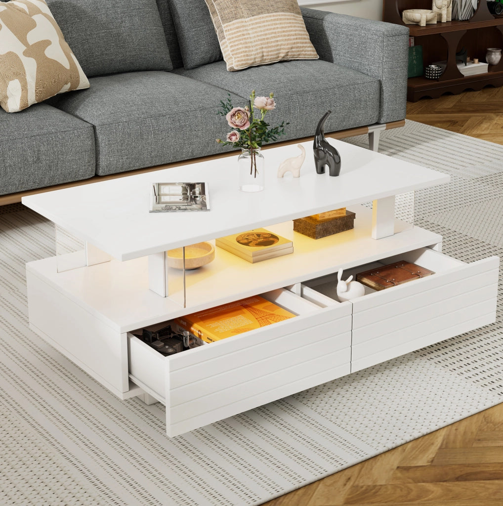 Tavolino da caffè LED con 2 cassetti e ripiano aperto; 100 x 50 x 42 cm; bianco