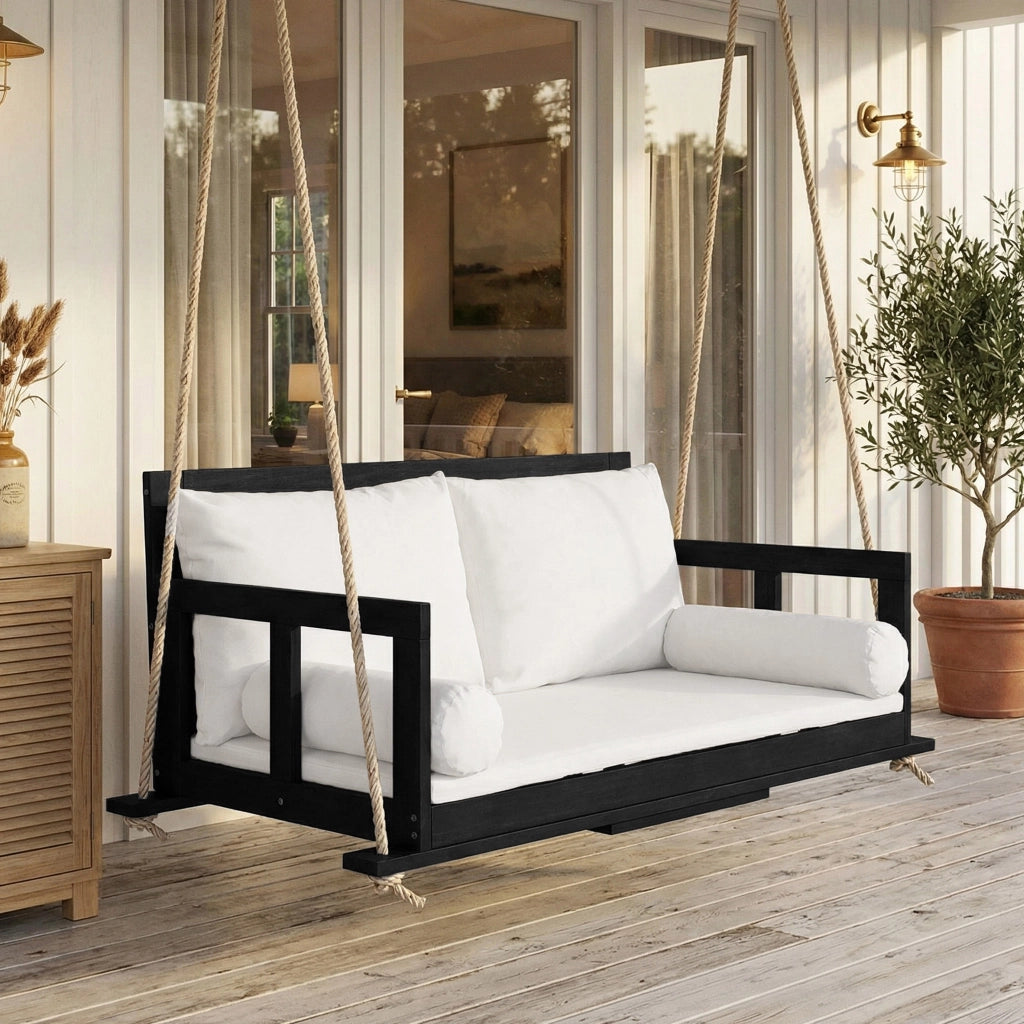 OKWISH Poltrona sospesa doppia con Cuscini e Braccioli, Giardino e Terrazza, Legno di acacia e Poliestere Nero