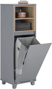 Mobile Bagno con Sacco Portabiancheria a Ribalta – Mobiletto Bagno Stretto con 2 Ripiani, Cesto Portabiancheria – Cesta per la Biancheria per Lavanderia, Grigio Scuro, 35x105x30cm BZR146-DG