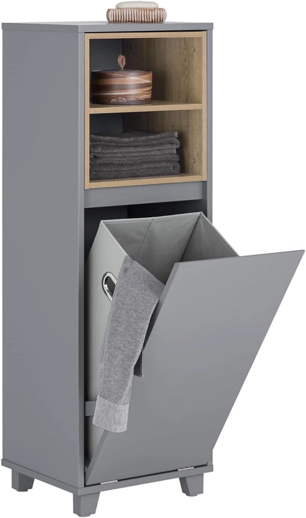 Mobile Bagno con Sacco Portabiancheria a Ribalta – Mobiletto Bagno Stretto con 2 Ripiani, Cesto Portabiancheria – Cesta per la Biancheria per Lavanderia, Grigio Scuro, 35x105x30cm BZR146-DG