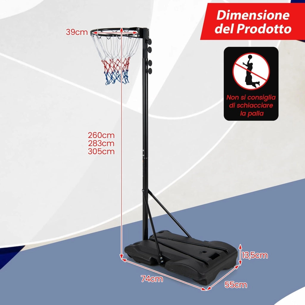 Supporto per Canestro da Basket Portatile e Regolabile in Altezza 206-305cm, Canestro da Basket da Esterno ed Interno con Base Riempibile e 2 Ruote Scorrevoli