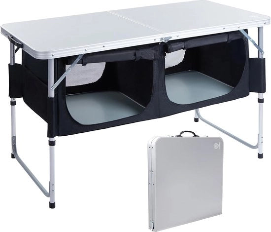 Tavolo da campeggio, pieghevole, tavolo da campeggio in alluminio, 120 x 60 cm, regolabile in altezza con spazio di ripostiglio, tavolo da giardino, cassaforte da campeggio, piccola dimensione di imballaggio per picnic, barbecue