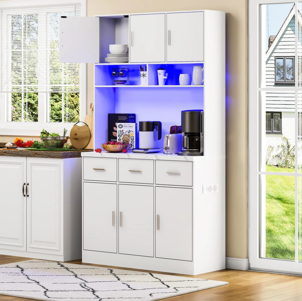 Credenza da cucina con LED, prese USB, cassetti e ripiani regolabili