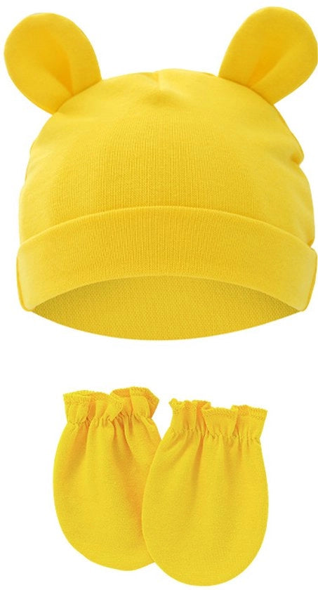 Set per neonati con cappuccio e guantini, protezioni auricolari in cotone con funzione antikras, adatti per bambini da 0-1 anno, diametro massimo 15,5 cm, Goud