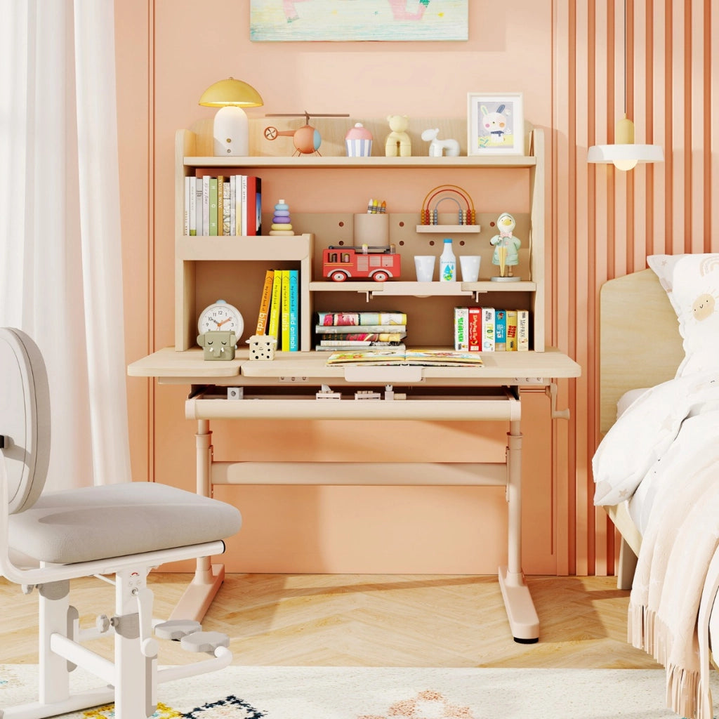 Tavolo da studio regolabile in altezza con piano inclinabile mensole, Scrivania per bambini con libreria e cassetto Naturale-Tavoli e sedie