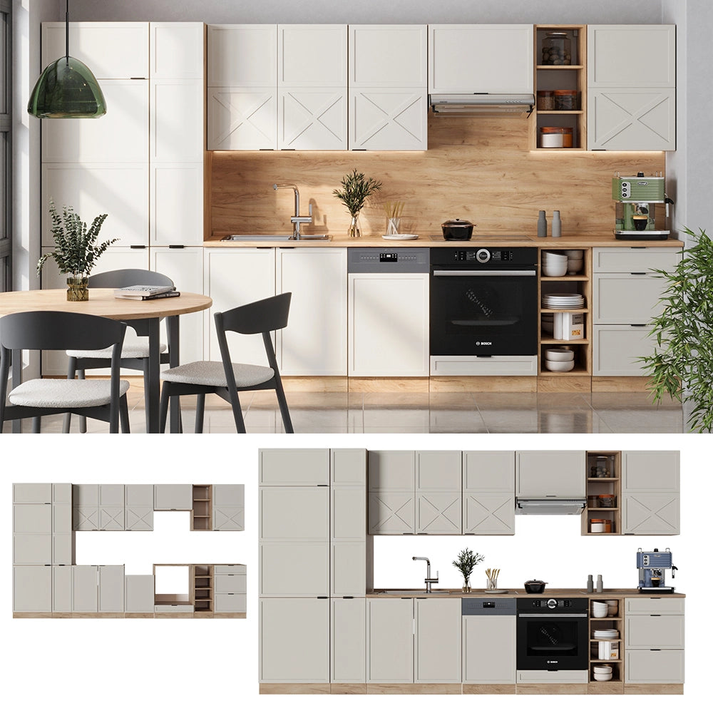 Cucina componibile Fame-Line GrigioBeige/Rovere dorato 355 cm, PL Marmo Vicco