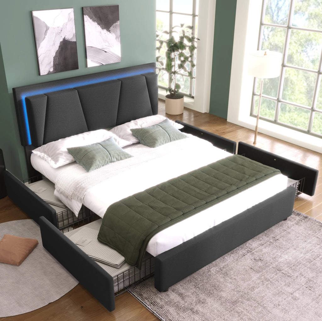 Letto matrimoniale 160x200 cm con LED e 4 cassetti grigio