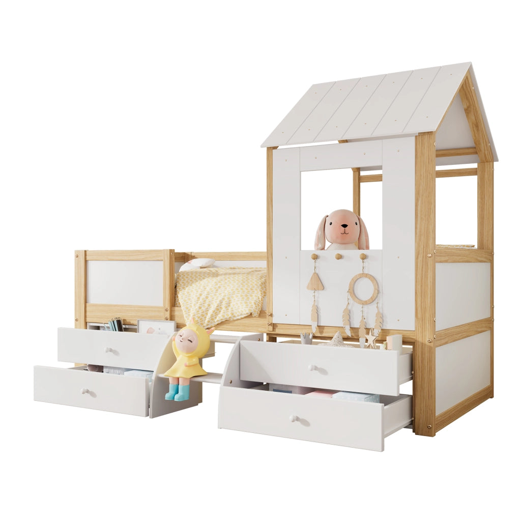 Letto Casetta 90x200 cm - 4 Cassetti; Scala e Finestra - Legno - Bianco e Naturale