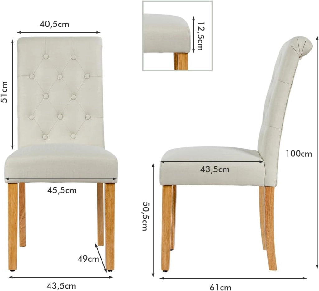2 Seide Sala da Pranzo 43 x 61 x 100 cm, Seidie Cucina Laterali in Tessuto Rivestito con Gambe in Legno di Gomma, Tessuto di Lino Traspirante e Spugna ad Alta Densità (Beige)
