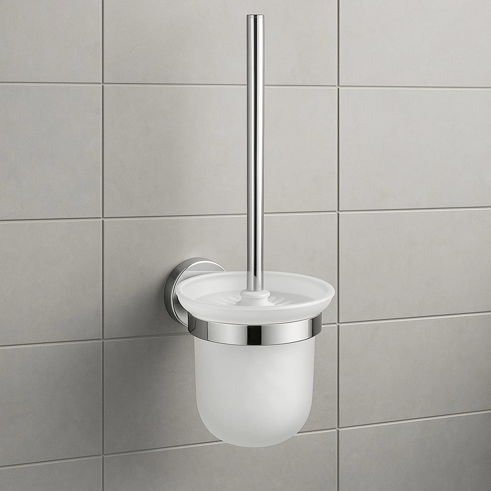 Trade Shop - Porta Scopino Per Wc In Acciaio Satinato Con Bicchiere Vetro Satinato Arredo Bagno 87913 -