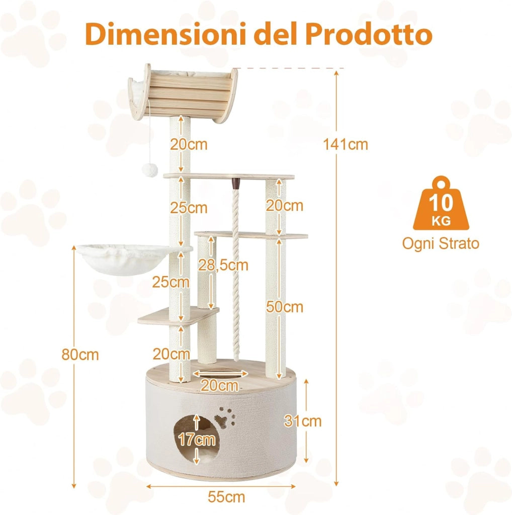 Albero per Gatti Alto 141 cm, Tiragraffi per Gatti in Plywood con Condo, Posatoio Curvo, Amaca, Tiragraffi, Pallina e Corda Appesi e Cuscini in Pile Lavabili, 55 x 55 x 141 cm