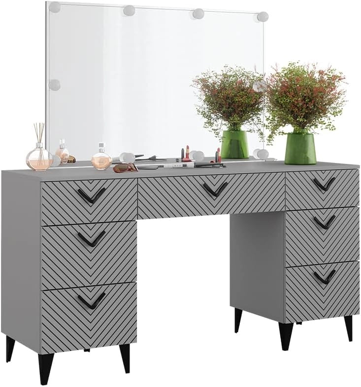 Tavolo da toeletta Anett, Grigio, 150 cm con illuminazione a LED, Cassetti per organizzare nel disordine