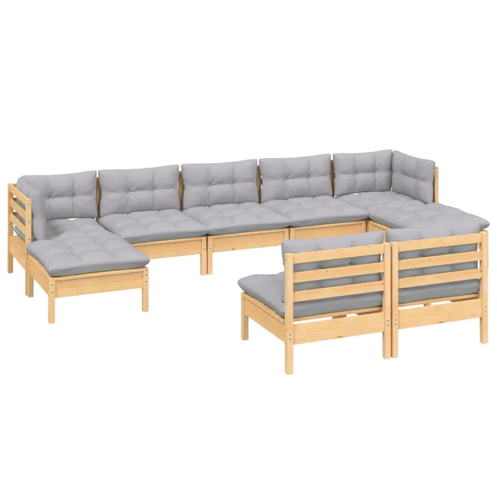 Set Divani da Giardino 9 pz con Cuscini Grigi Massello di Pino