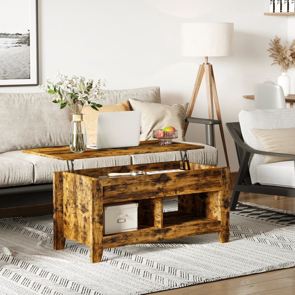 EasyComfort Tavolino da Salotto in Stile Industriale con Vano Contenitore e Piano Sollevabile in Legno, 105x50x49cm, Marrone Rustico