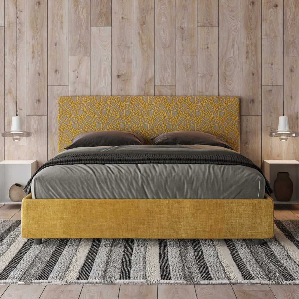Letto Matrimoniale 160x200 cm con Rete e Contenitore con Testata e Alzata Comoda Imbottito in Tessuto Era Arla Giallo