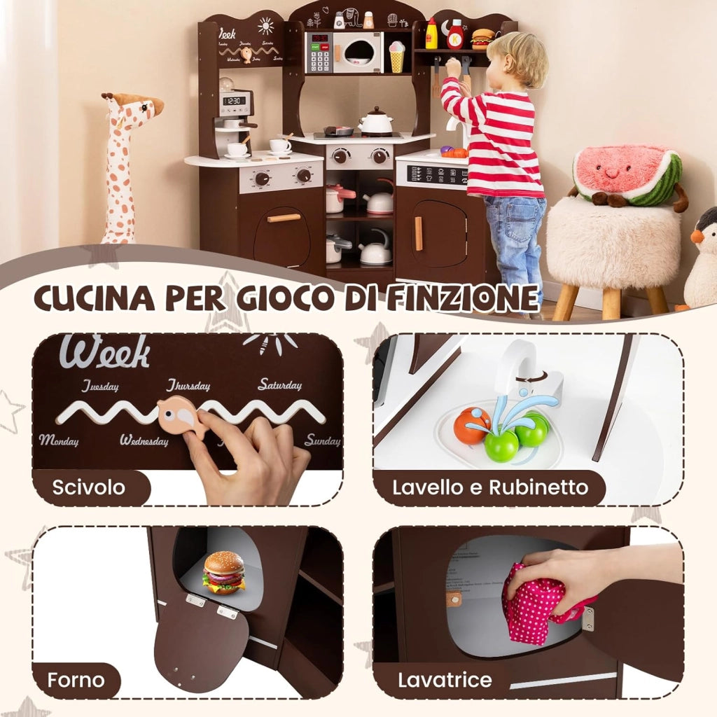 Cucina Giocattolo Angolare con Fornelli e Micronde da Suoni e Luci, Cucina per Bambini in Legno con Macchina Caffè, Lavandelo, Forno e Lavatrice, Set Cucina con Accessori (Marrone)