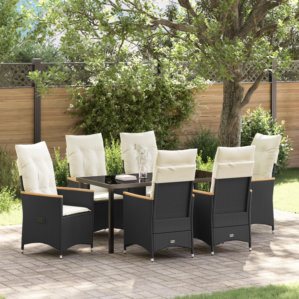 Set da Pranzo da Giardino 7 Pezzi con Cuscini in Polyrattan Nero