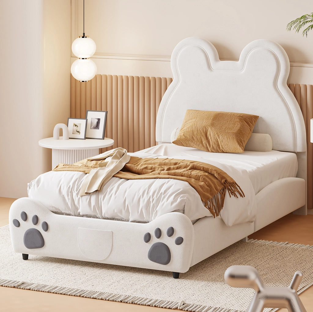 Letto per bambini a forma di orso 90x200 cm in velluto bianco